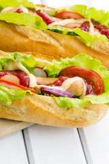 hot dogs on a wooden table
