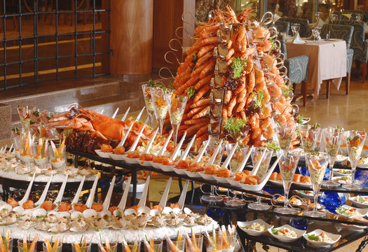Buffet table with seafood with shrimp 