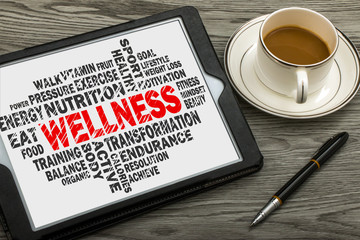 wellness word cloud on tablet pc