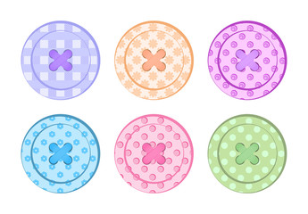 vector sewing buttons orange, blue, green, purple, pink, red, pastel colors with different textures with holes and sewing threads