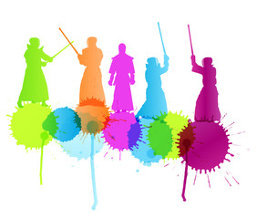 Kendo fighters fighting martial arts vector background concept with color splashes