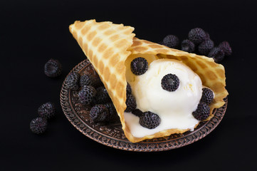 Ice creams with waffle cone on vintage plate