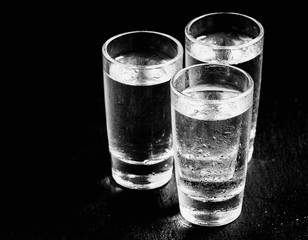 cold Russian vodka on a dark background in the neon light, selec