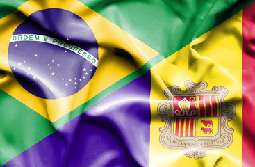 Waving flag of Andorra and Brazil