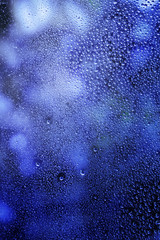 Raindrops on glass, natural blue  background, selective focus
