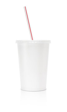 Paper glass beverage packaging with straw isolated on white back