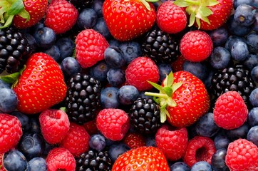 Nahaufnahme unterschiedlicher Beeren: Himbeeren, Blaubeeren, Brombeeren und Erdbeeren
