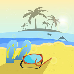 Fototapeta na wymiar Vector illustration, summer beach, slippers and snorkeling.