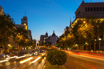 Fototapeta na wymiar Dusk on the street Calle de Alcalá, Madrid, Spain