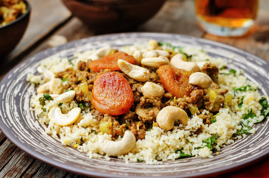 Spiced mince with dried apricots, cashew nuts and couscous. Moro