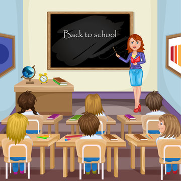 Illustration of kids studying  in classroom with teacher