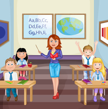 Illustration of kids studying  in classroom with teacher