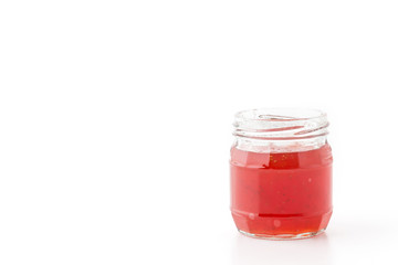 strawberry jam bottle on white background