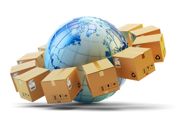 International package delivery concept, global purchases transportation business, cardboard boxes around Earth globe isolated on white background
