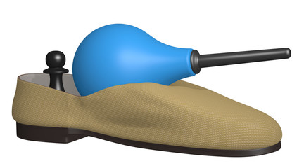 A toy tank assembled of a slipper and a blue enema, a black chess pawn as a driver. Rendered 3d...