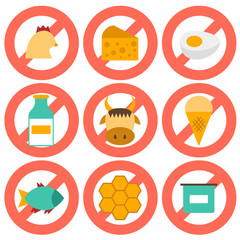 Set of modern flat icons with products containing animal protein