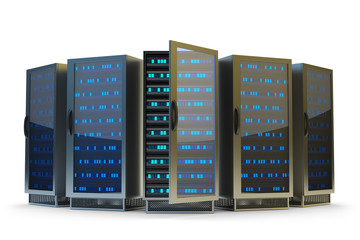 Data center, network server and internet hosting concept, server racks isolated on white background