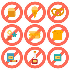 Set of flat icons with allergic gluten products: bread, pastry