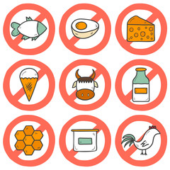 Set of modern cartoon hand drawn icons with products containing