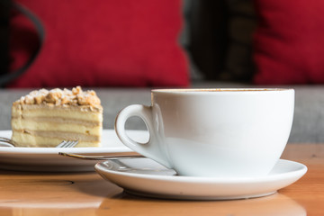 hot coffee on wood table