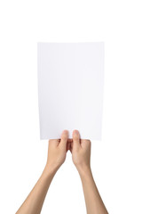 hands holding A4 paper, isolated on white
