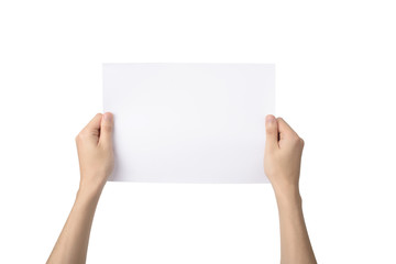 hands holding A4 paper, isolated on white