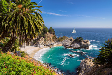 Beautiful beach with palm trees and the white yacht on the horizon.  Julia Pfeiffer beach, Big Sur....