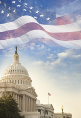 United States Capitol building with American flag superimposed o