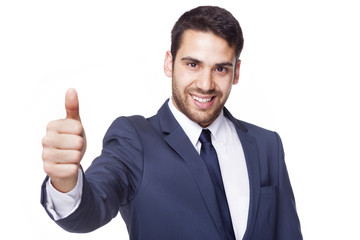 Happy smiling businessman with thumb up, isolated on white backg
