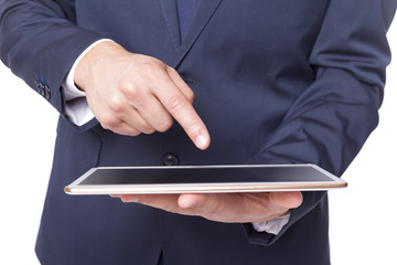 Business man holding a tablet computer, isolated on white backgr