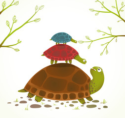 Turtle Mother and Babies Childish Animal Illustration