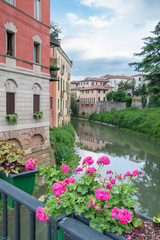 Flowered vases on the iron railing of saint Paul bridge in Vicenza and a view of Retrone river and houses at its banks