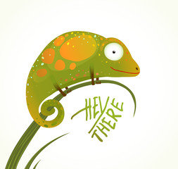 Fototapeta premium Colorful Lizard Childish Animal Fun Cartoon with Sign Hey There