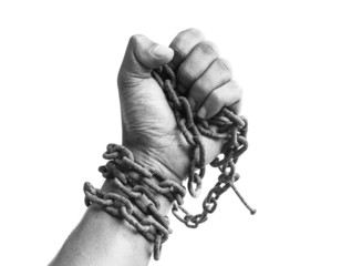 Male hand holding chain on white background