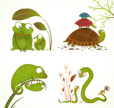 Cartoon Reptile Animals Parent with Baby Collection