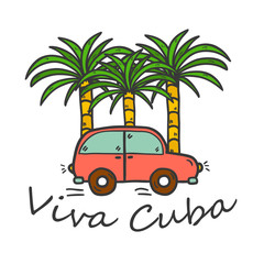 Vector illustration with hand drawn palms and vintage car