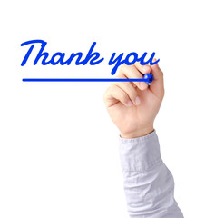 Hand writing Thank you with blue marker on transparent board