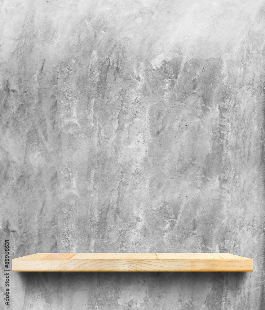 Poster empty wooden shelf at concrete wall,template mock up for display
