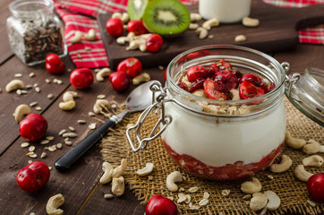 Domestic cherry yogurt with wonder chia seeds and granula