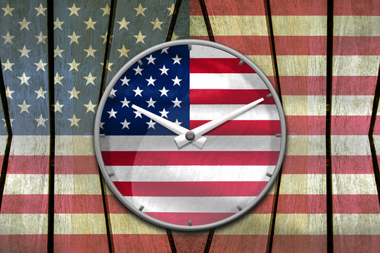 USA flag wall clock reads ten past ten o'clock on USA flag paint