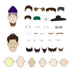 A set of parts of the human face and hats on an isolated