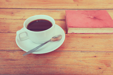 a cup of coffee on a wooden, process color.