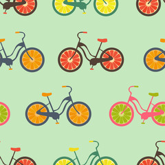 Seamless colorful background made of bikes with fruit wheels