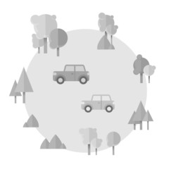Flat cartoon cards with cars and forest icons