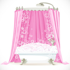 Vintage claw-foot bathtub and a pink curtain on the hoop