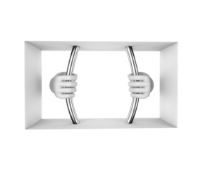 Hands in white gloves decompress the prison bars. 3d render. Whi