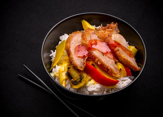 Duck breast with rice, curry vegetables, chopsticks