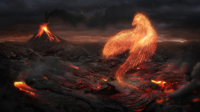 Burning bird phoenix  in the volcanic landscape