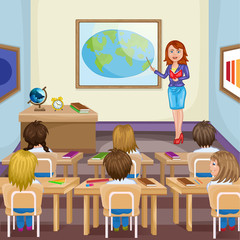 Illustration of kids studying  in classroom with teacher