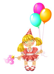 Little fairy in red dress with baloons